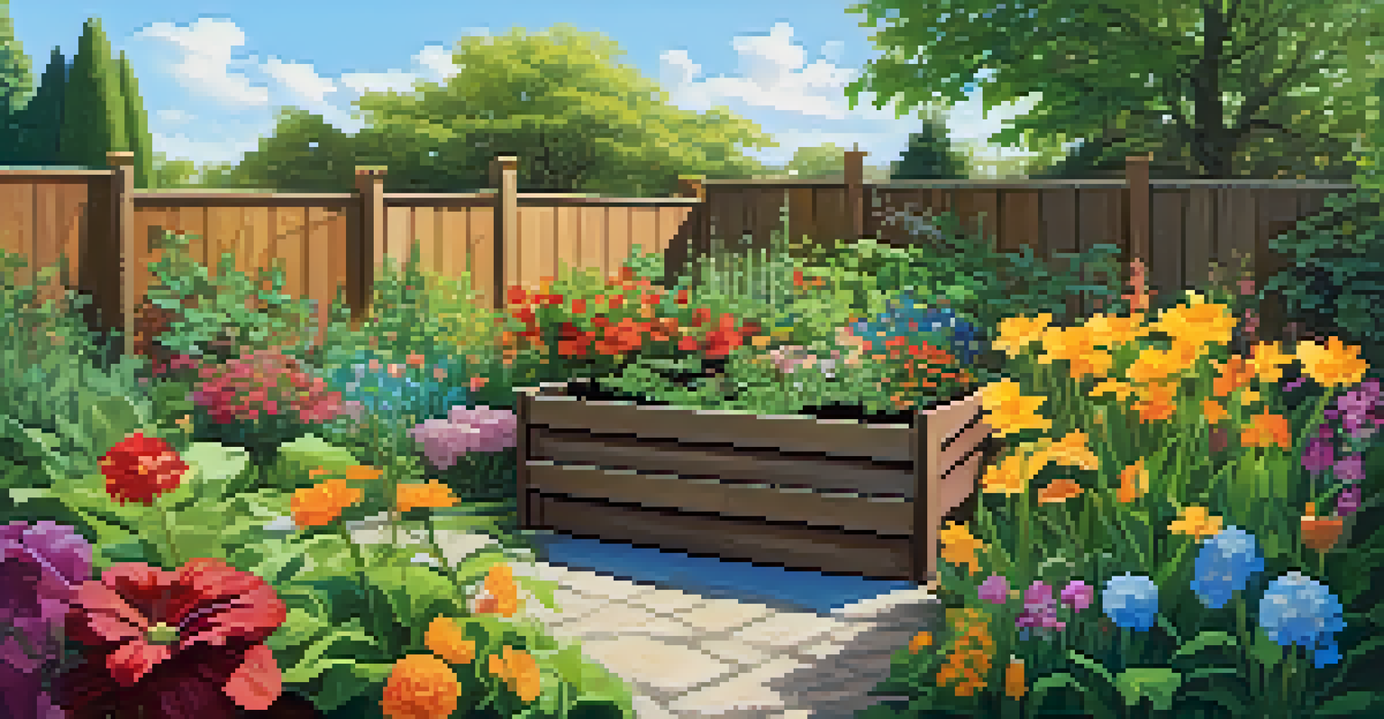 A colorful sustainable garden with flowers, greenery, and a wooden compost bin under a blue sky.