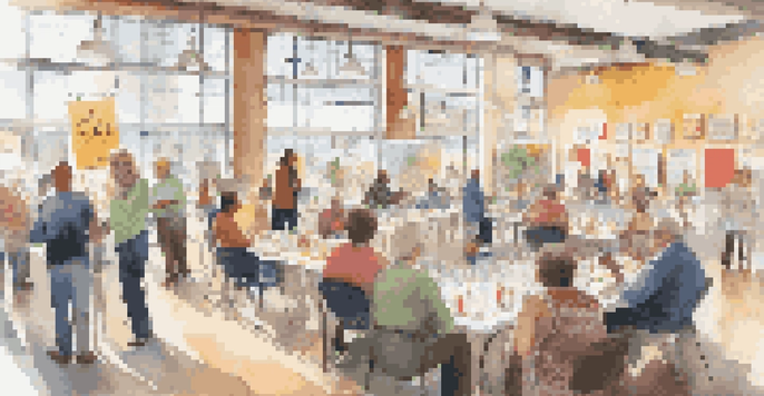 A diverse group of residents attending a community workshop, engaging with real estate professionals and discussing local businesses.