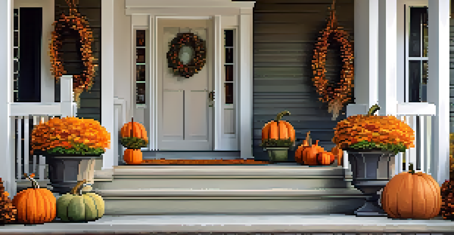 A concrete ramp at a cottage entrance, decorated for autumn with leaves and pumpkins.