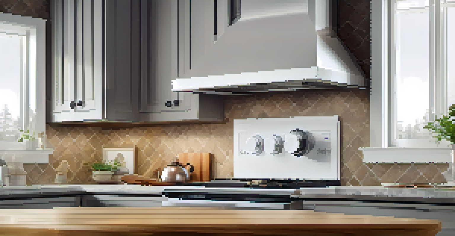 A close-up of a smart smoke detector in a modern kitchen, surrounded by stylish appliances and warm lighting.
