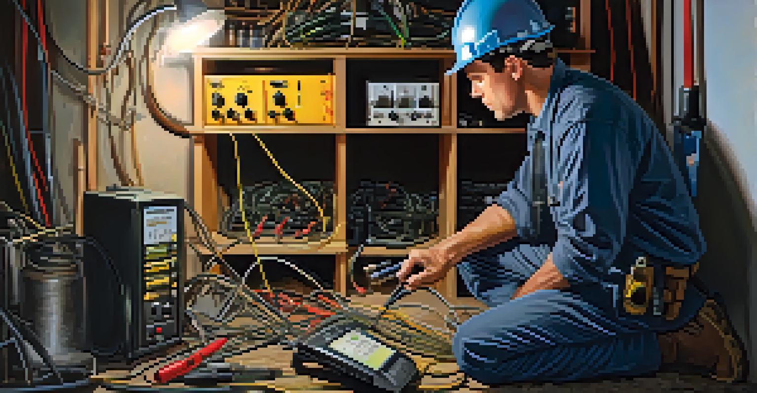 A home inspector examining electrical wiring in a basement, wearing a safety helmet and using a flashlight, with tools on a workbench.
