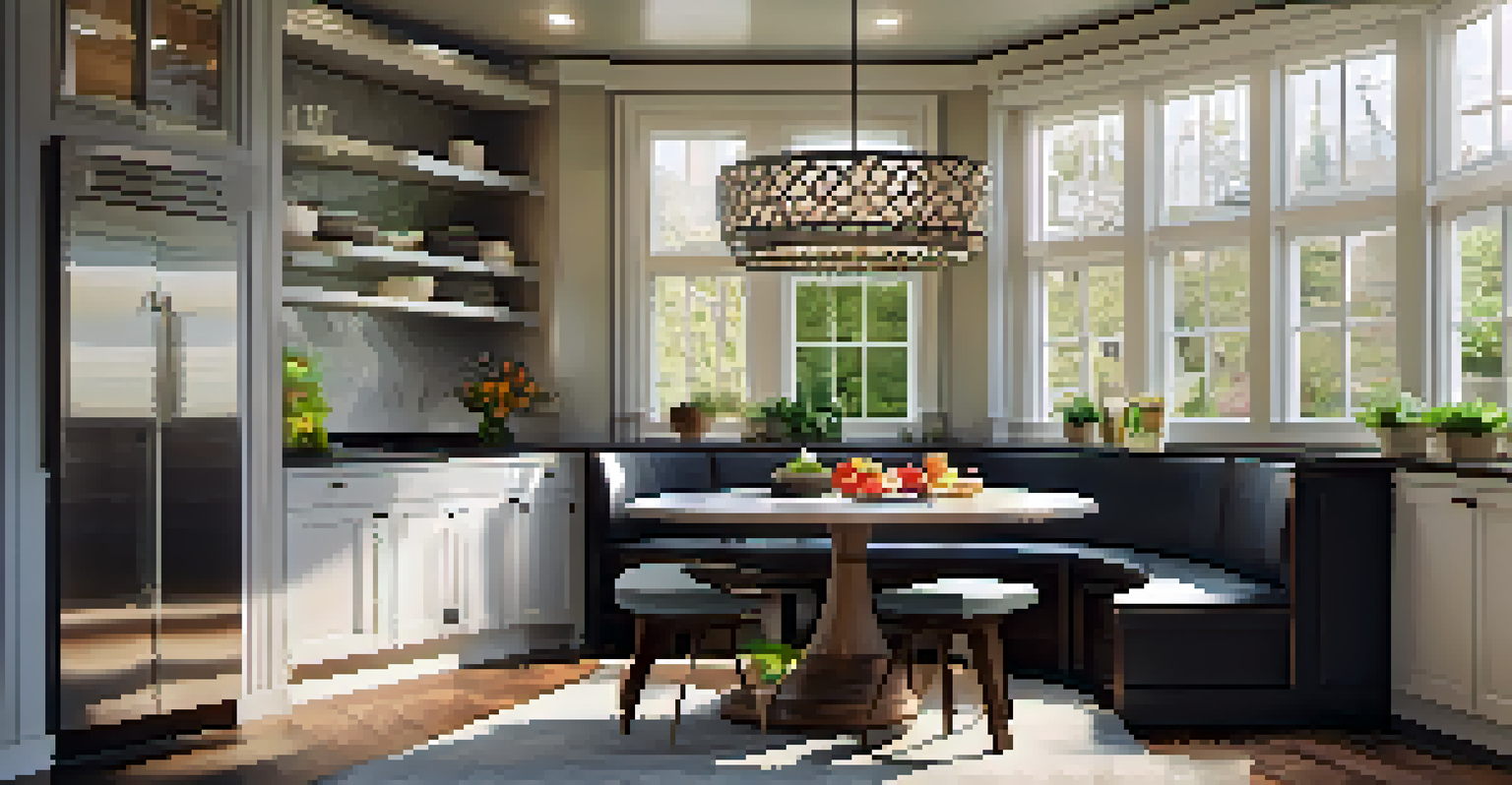 A cozy breakfast nook in a kitchen with a round table, plush seating, and large windows overlooking a garden.