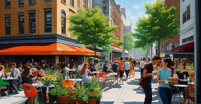 A lively urban environment filled with young people at outdoor cafes, surrounded by modern architecture and colorful street art.