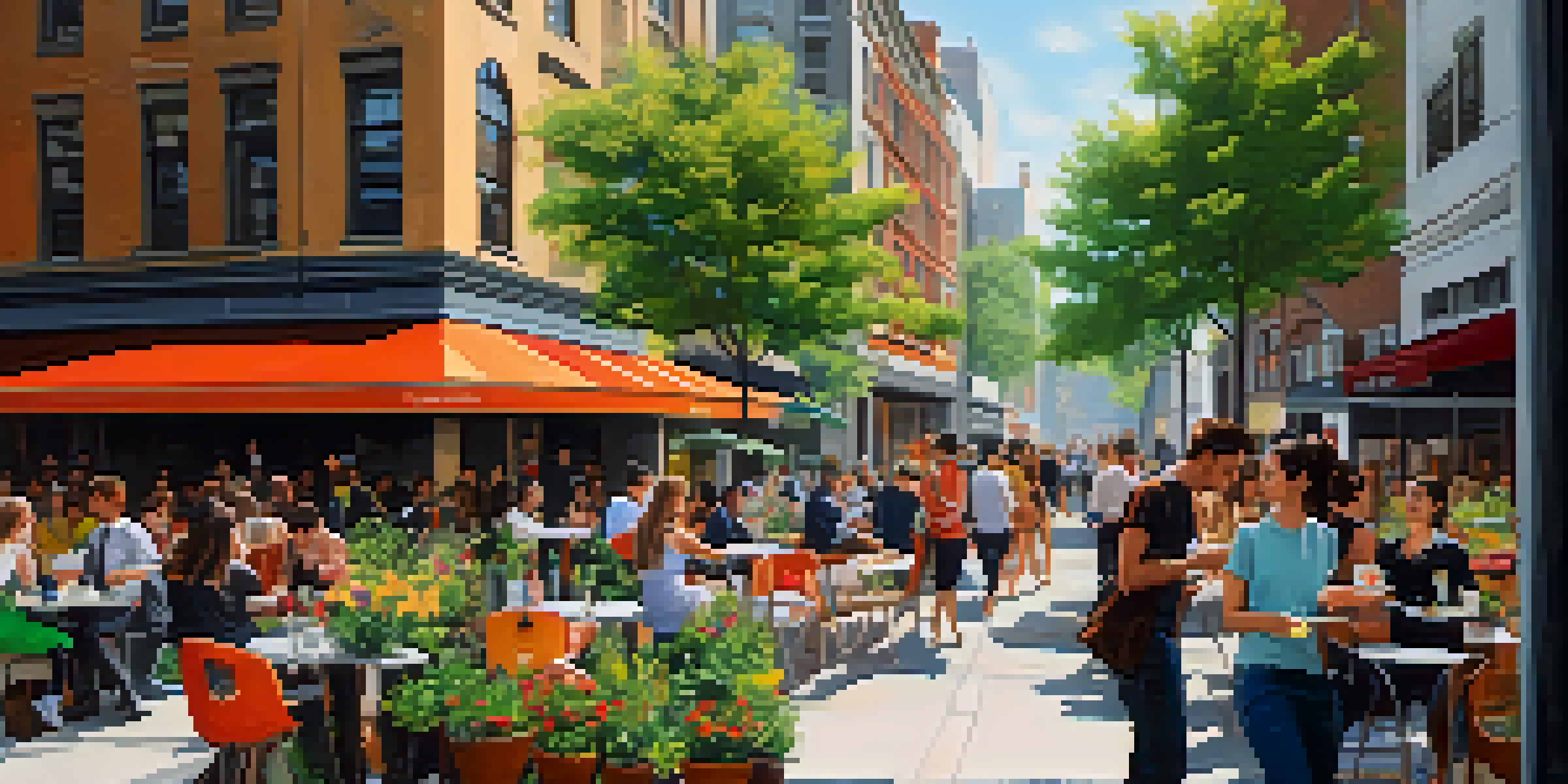 A lively urban environment filled with young people at outdoor cafes, surrounded by modern architecture and colorful street art.