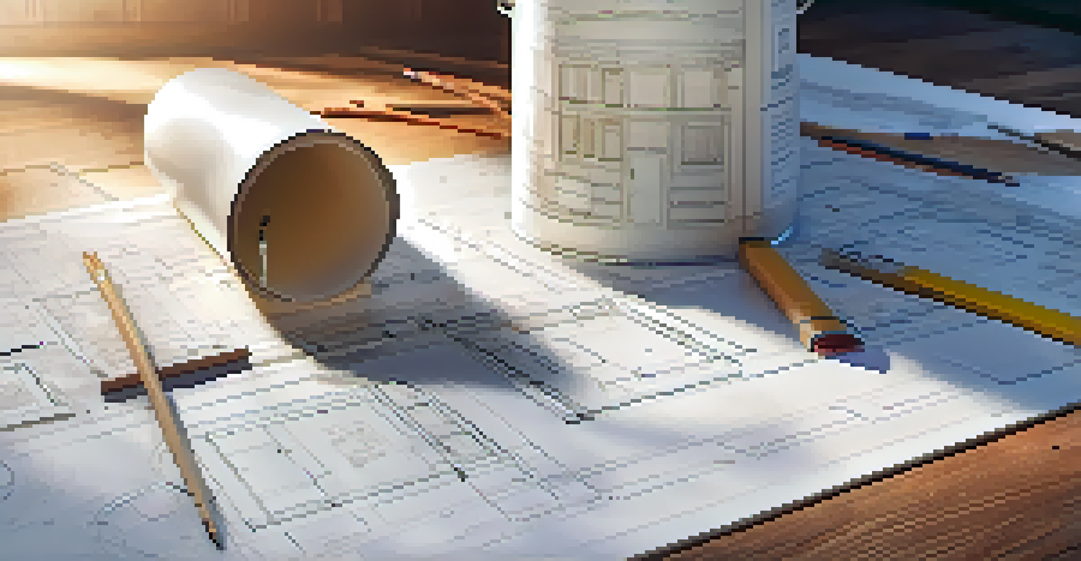 A wooden table with a home renovation blueprint, tools, and material samples, illustrating preparation for a project.