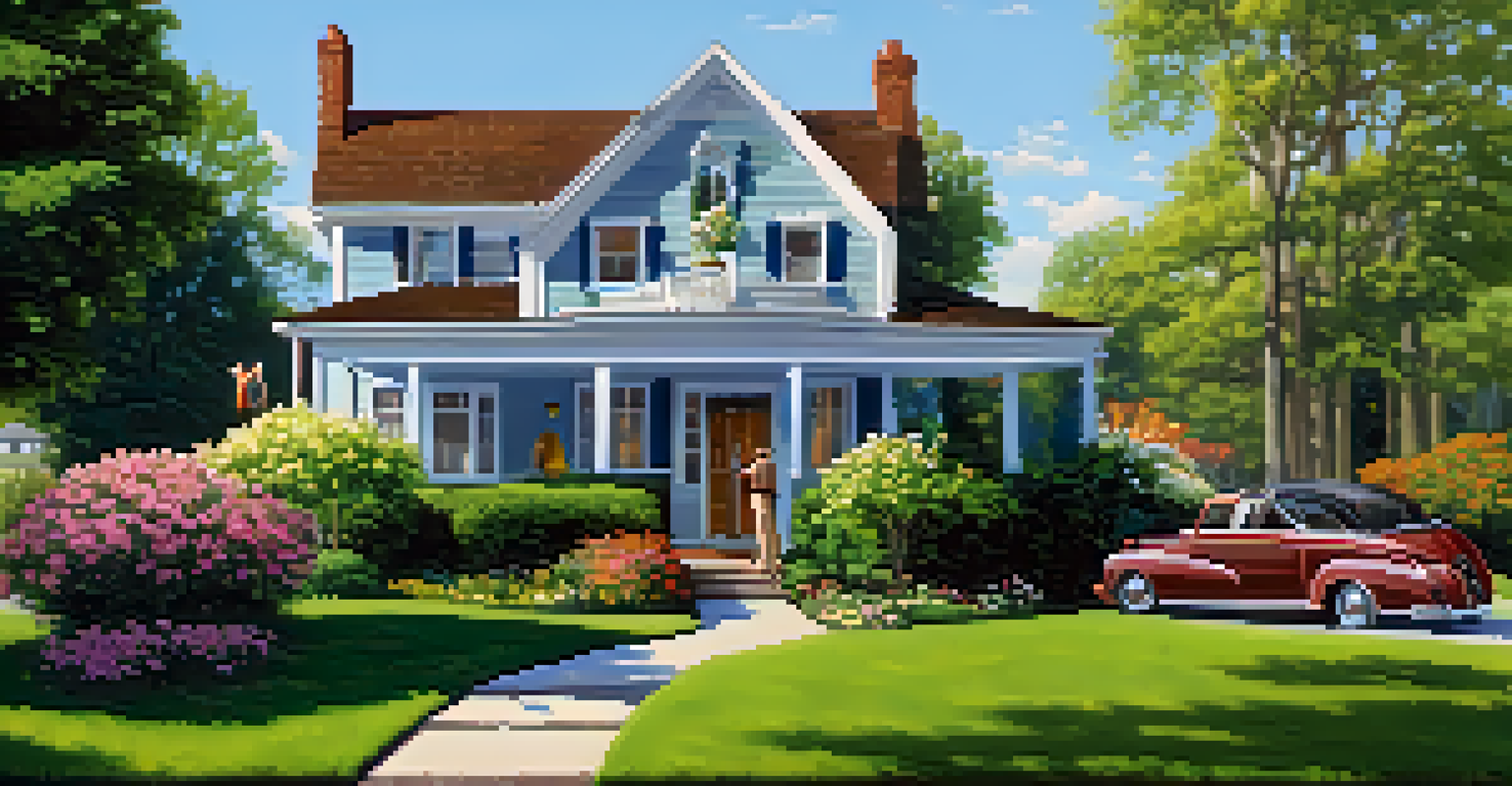 A suburban house for sale with a home inspector using binoculars to inspect the roof, surrounded by a vibrant garden.