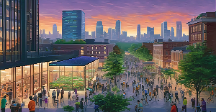 A colorful skyline of a smart city at dusk with illuminated buildings, green spaces, and people engaging in community activities.