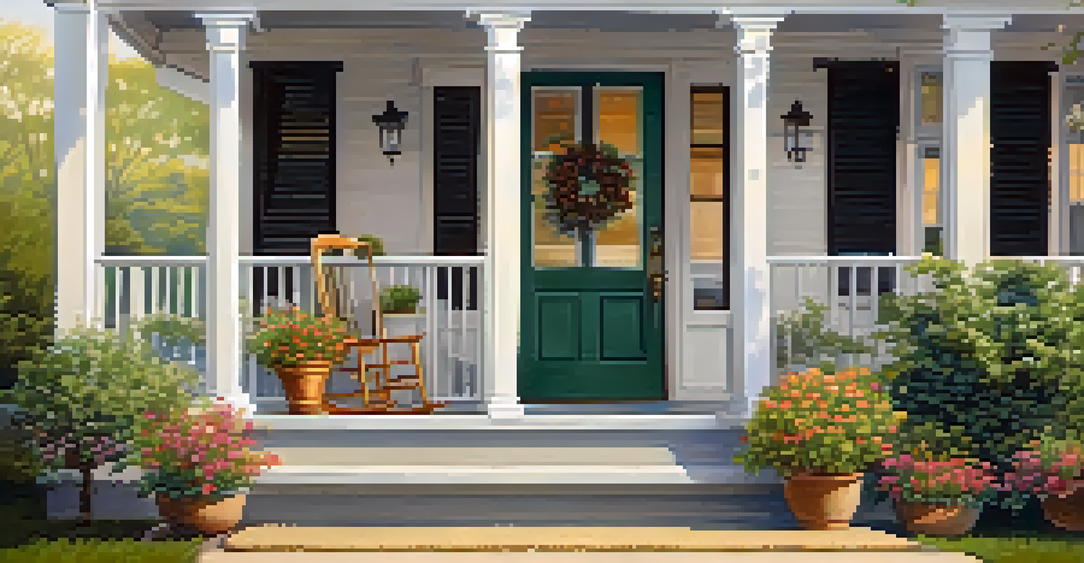 A cozy front porch with a rocking chair and potted plant, decorated with hanging plants and a welcome mat, illuminated by soft morning light.