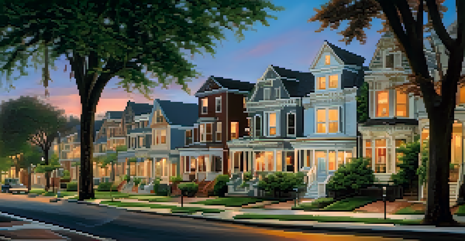 A picturesque historic street with unique architectural homes illuminated by a warm sunset.