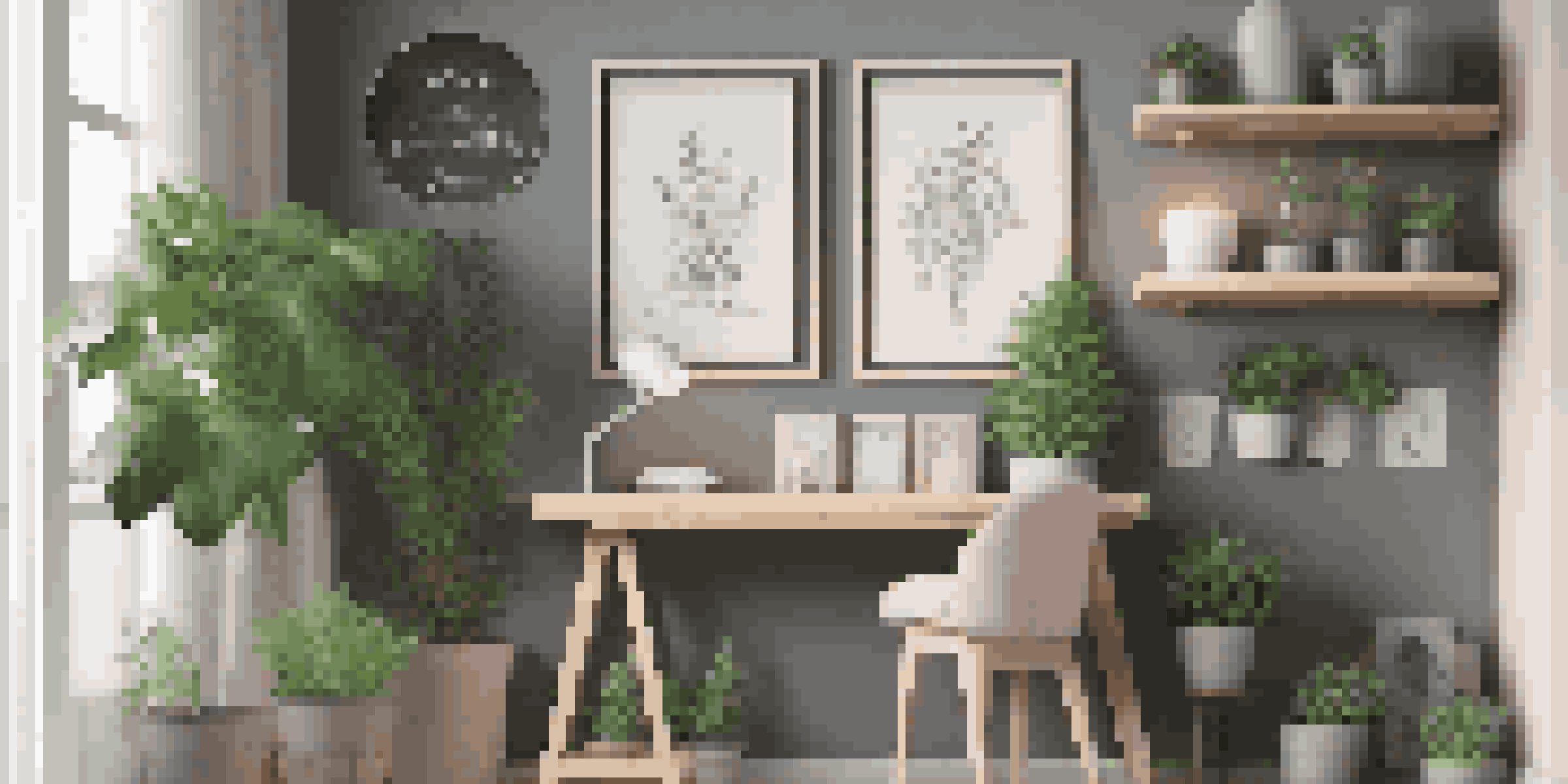 A small living space with a framed chalkboard displaying colorful art and notes, a decorative plant, and minimalist art on a shelf under soft lighting.