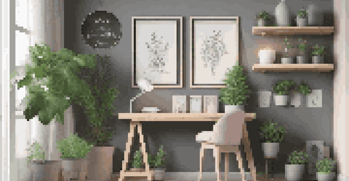 A small living space with a framed chalkboard displaying colorful art and notes, a decorative plant, and minimalist art on a shelf under soft lighting.