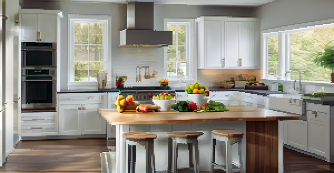 A modern kitchen with an island, sleek appliances, white cabinets, wooden accents, and natural light.