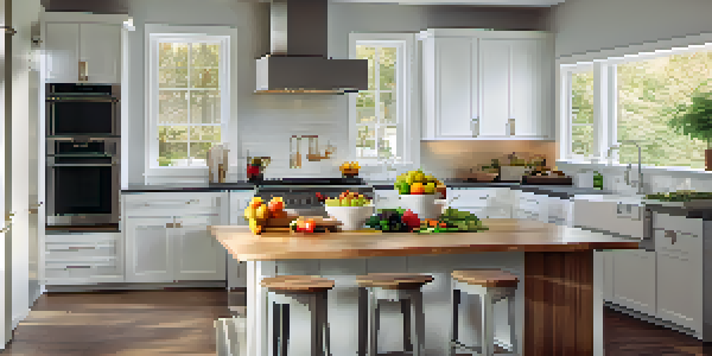 A modern kitchen with an island, sleek appliances, white cabinets, wooden accents, and natural light.
