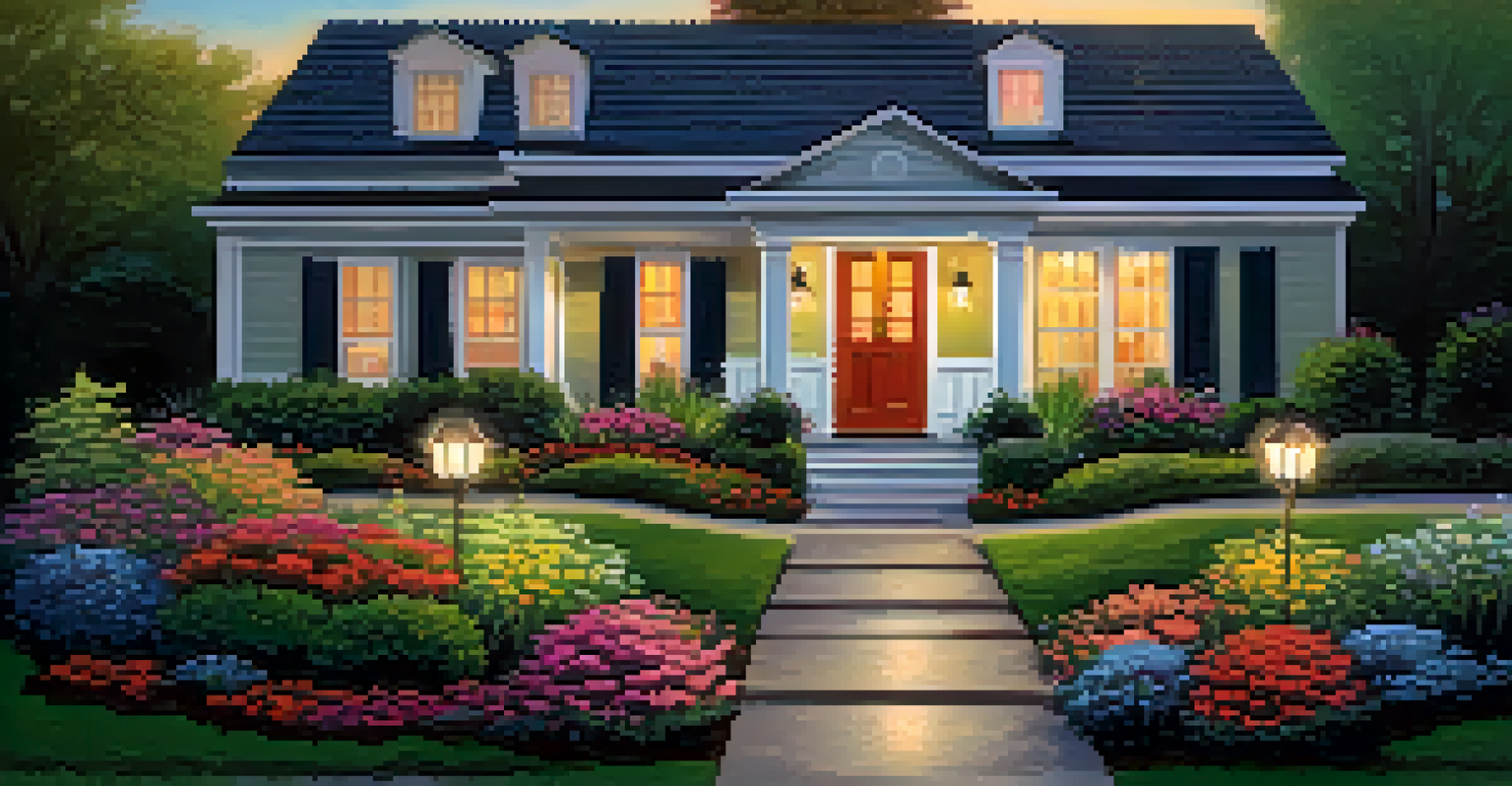 A front yard with colorful flowers and a new front door, illuminated by garden lights at twilight.
