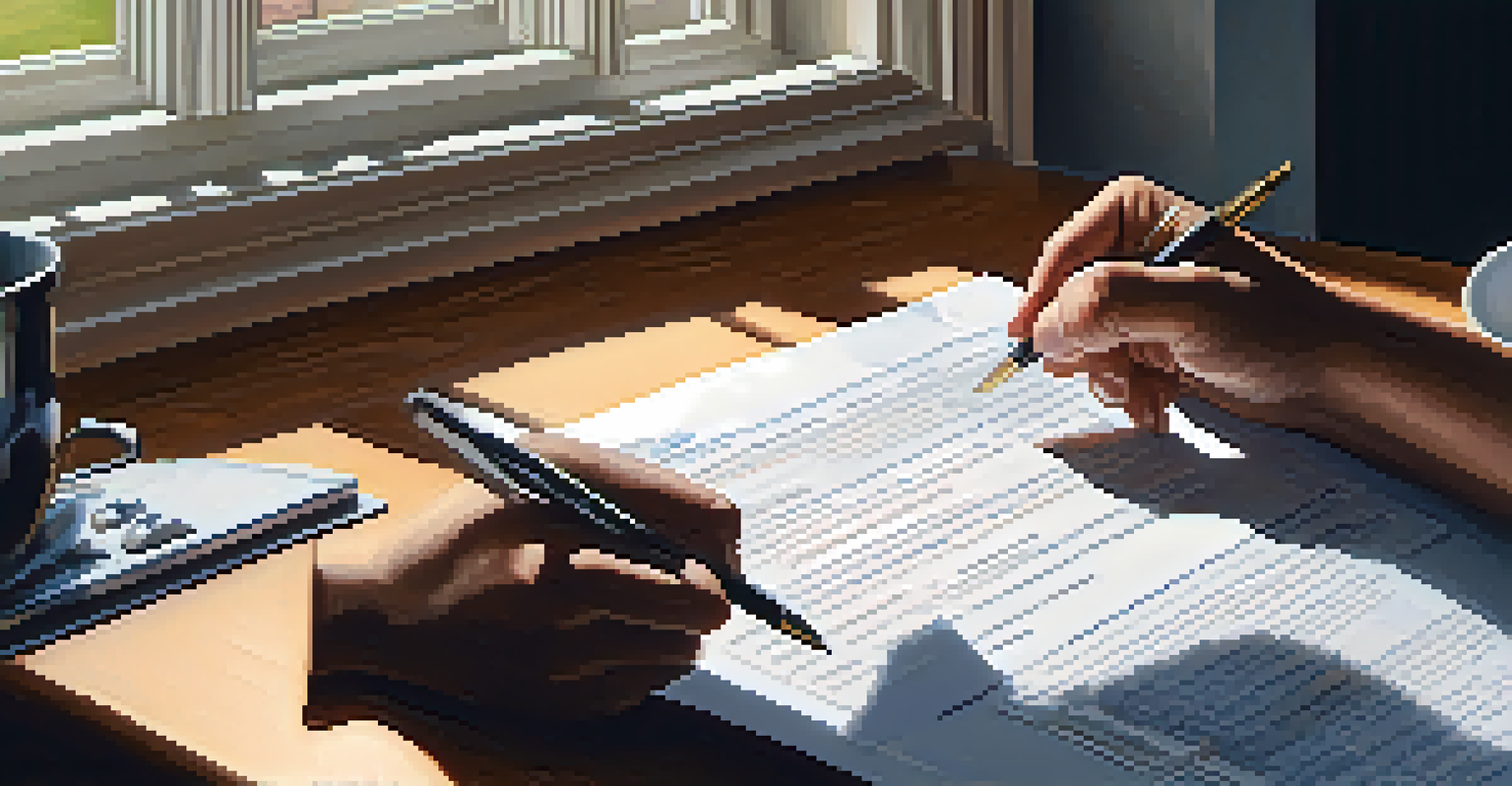 A close-up of a person reviewing an insurance policy at a desk with a laptop and notepad, illuminated by soft natural light.