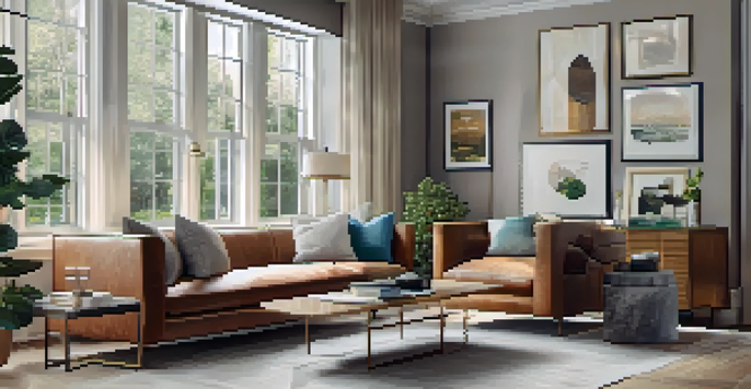 A cozy living room with elegant furniture and large windows letting in natural light.
