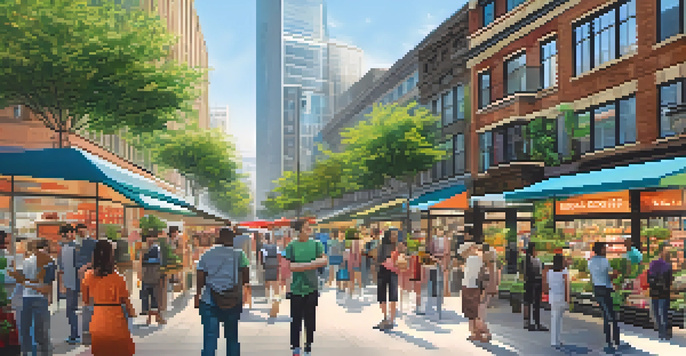 A lively urban market in a smart city with technology integration, featuring interactive kiosks and diverse shoppers using smartphones.