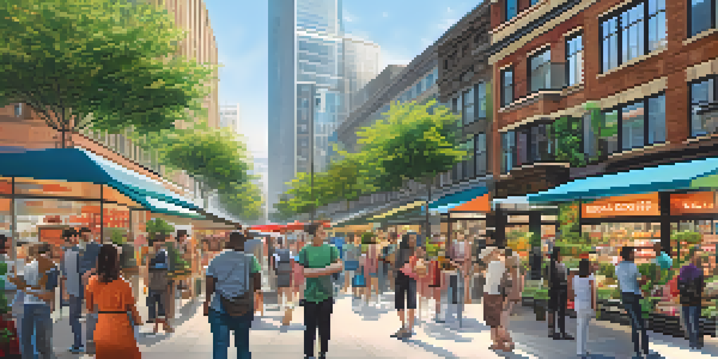 A lively urban market in a smart city with technology integration, featuring interactive kiosks and diverse shoppers using smartphones.