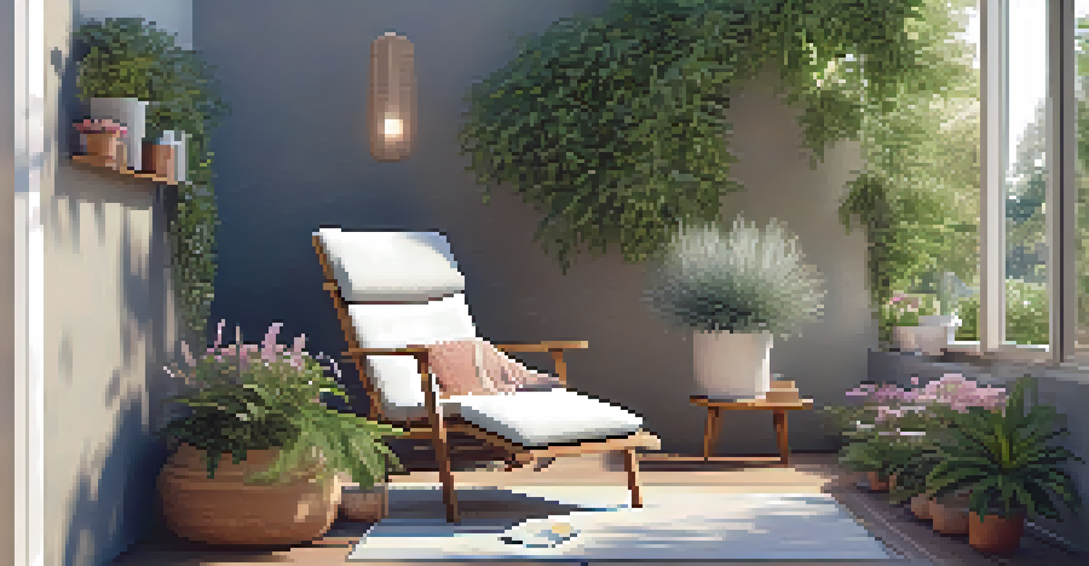 An outdoor reading nook with a lounge chair, throw blanket, side table with coffee, and surrounded by tall plants and flowers, illuminated by morning light.
