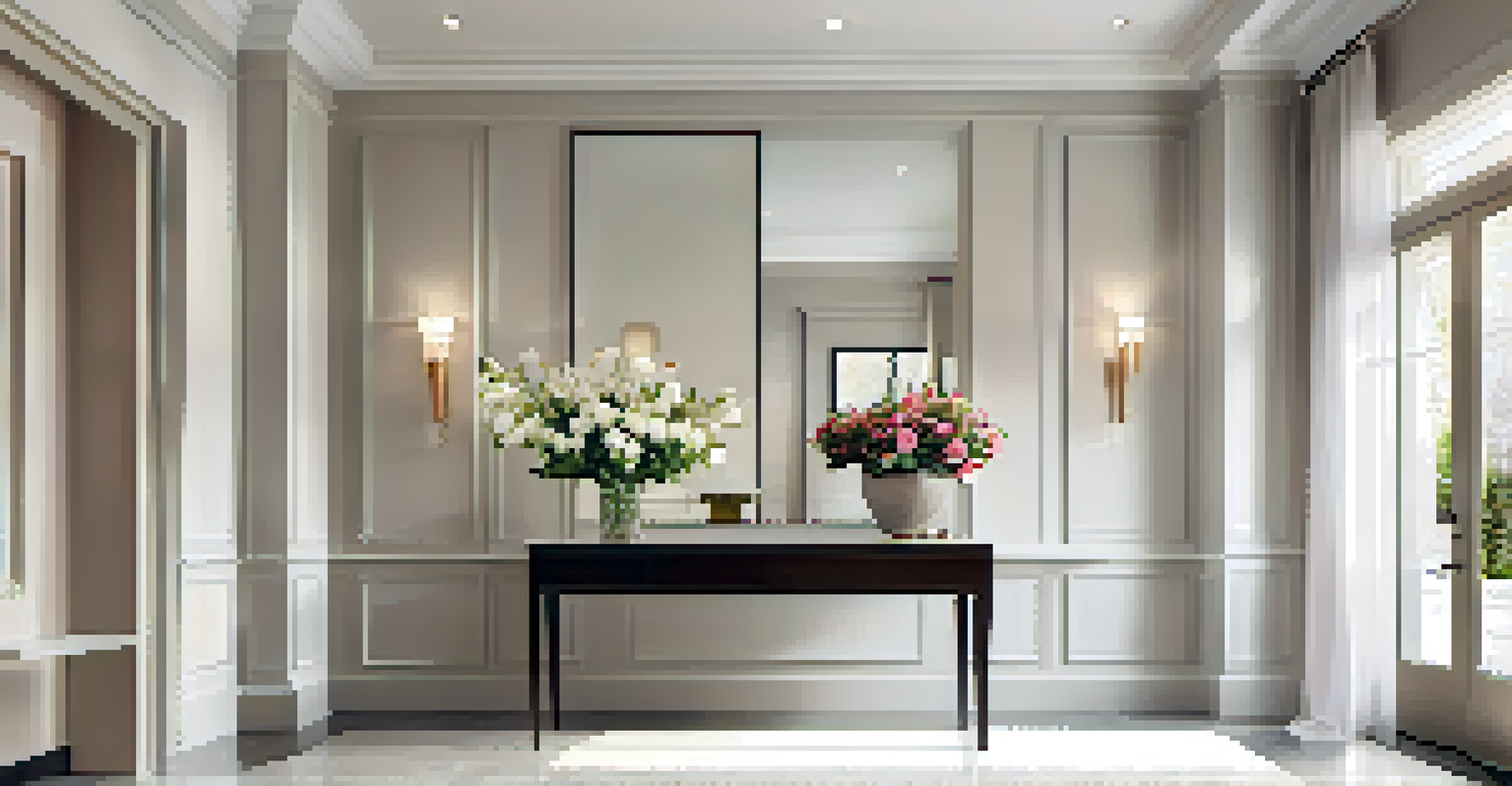 A modern and elegant entryway of a luxury rental property with fresh flowers and stylish decor.