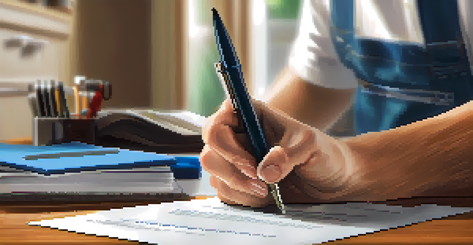 A hand holding a home warranty contract with a pen on a wooden table, with a technician fixing an appliance in the background.