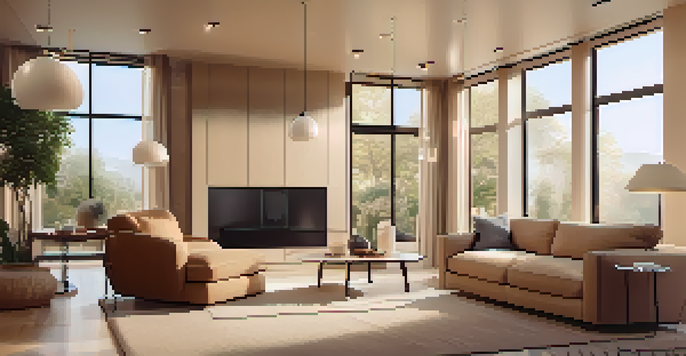 A cozy living room featuring smart devices like a speaker and thermostat, with a person controlling them via a smartphone.