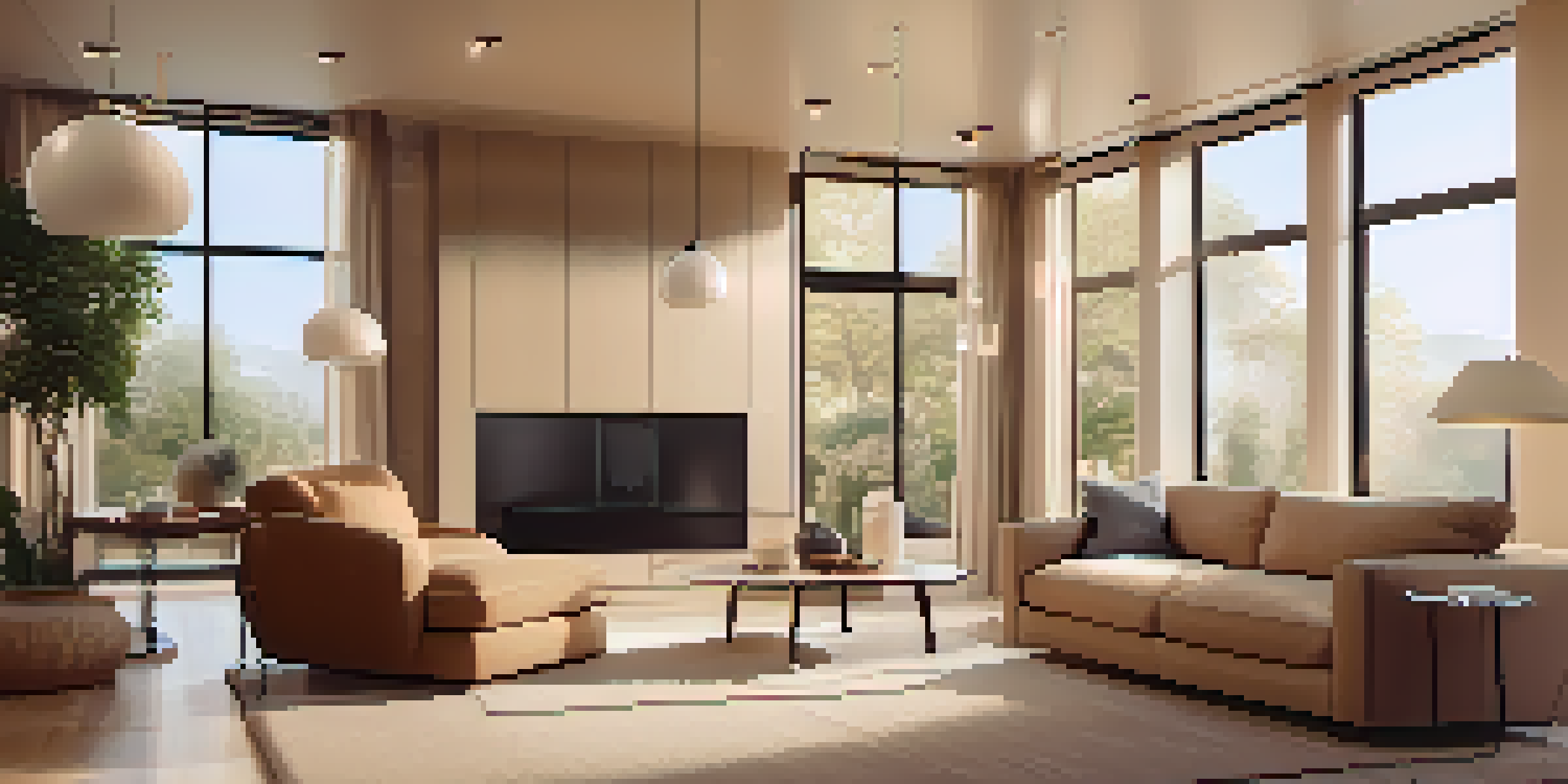 A cozy living room featuring smart devices like a speaker and thermostat, with a person controlling them via a smartphone.