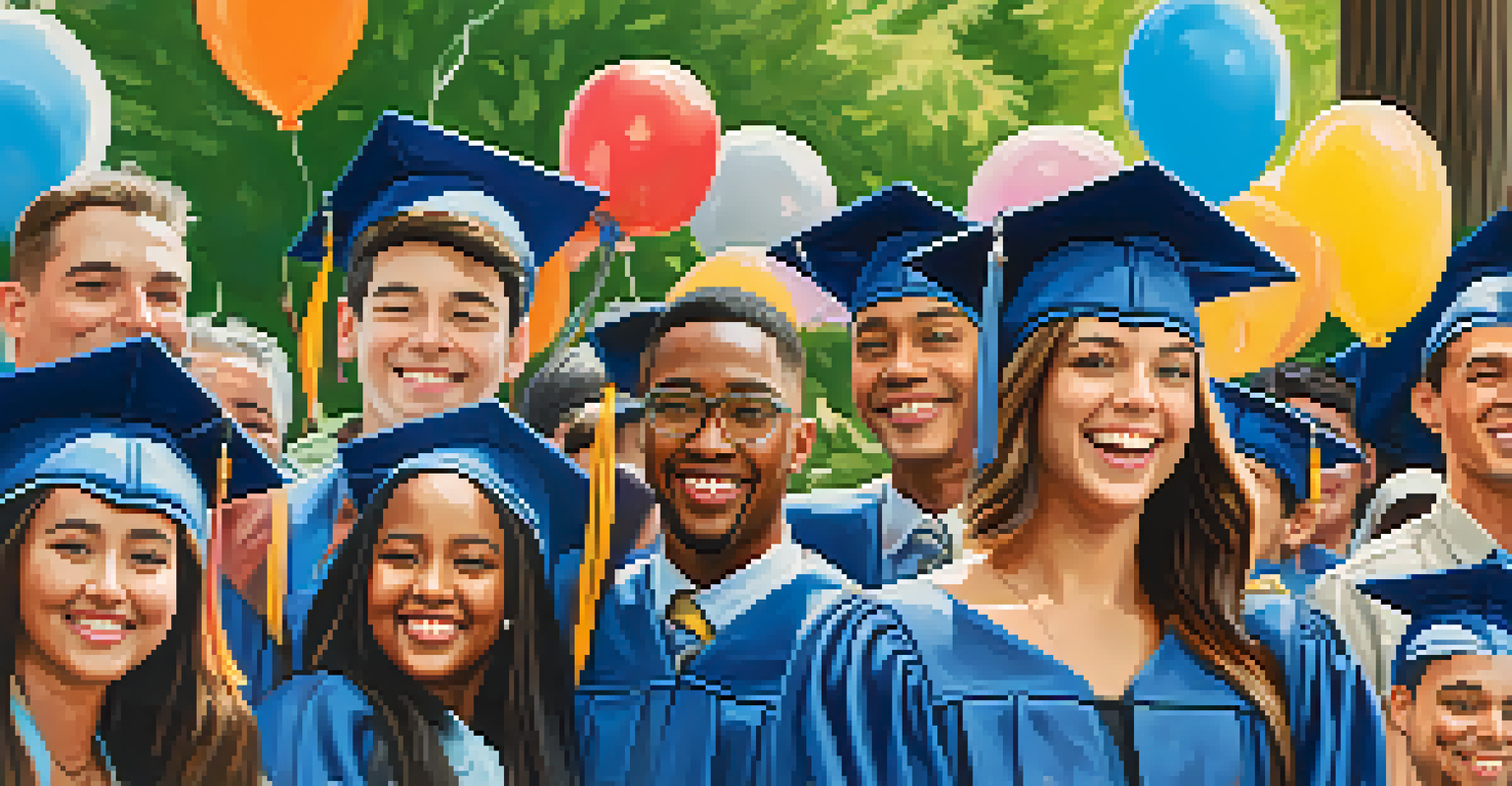 A young graduate celebrating in a park with family members, all smiling and holding balloons.
