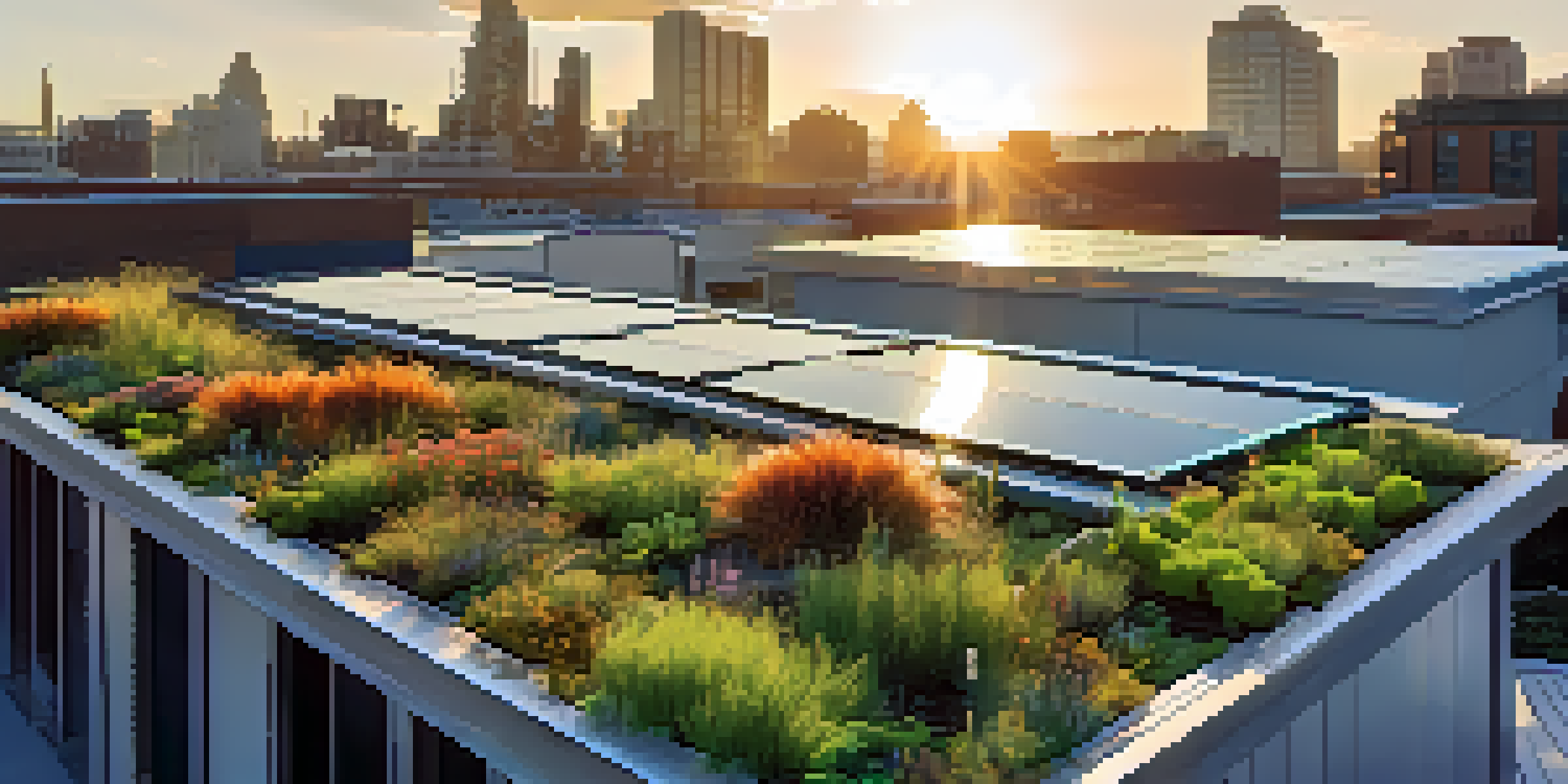 A modern urban building with a green roof, showcasing a variety of plants and solar panels under a clear blue sky.