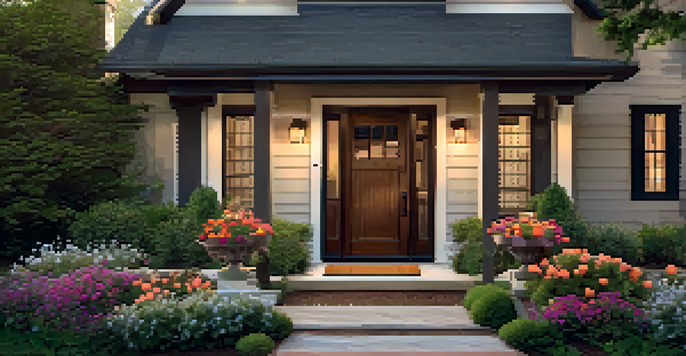 A warm and inviting residential entrance with a rustic wooden door, colorful flowers, and soft lighting.