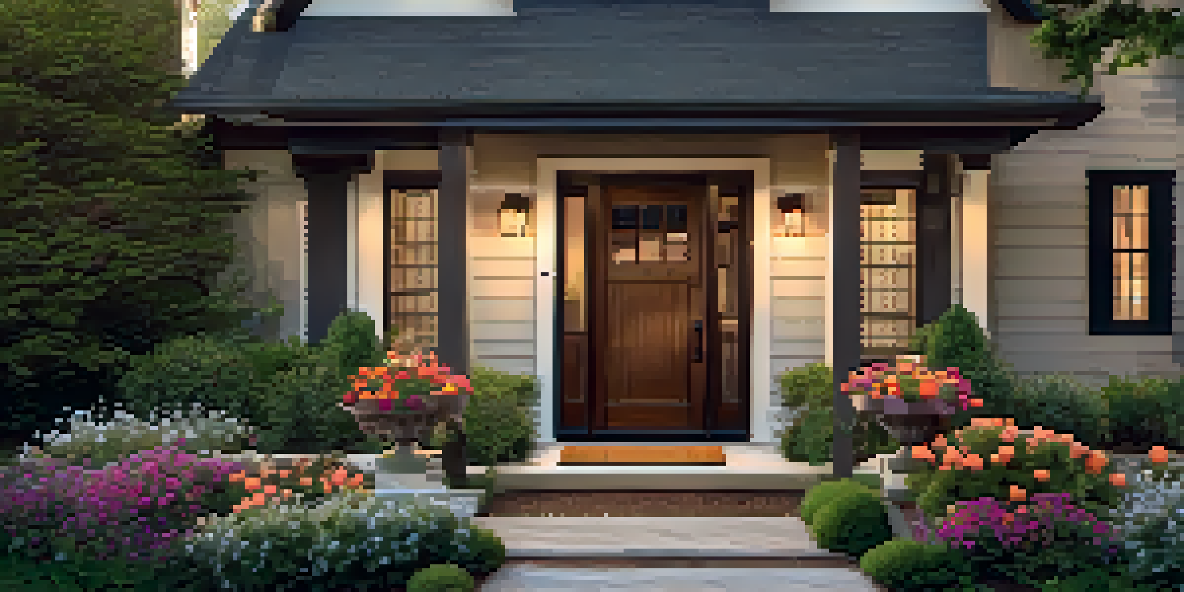 A warm and inviting residential entrance with a rustic wooden door, colorful flowers, and soft lighting.