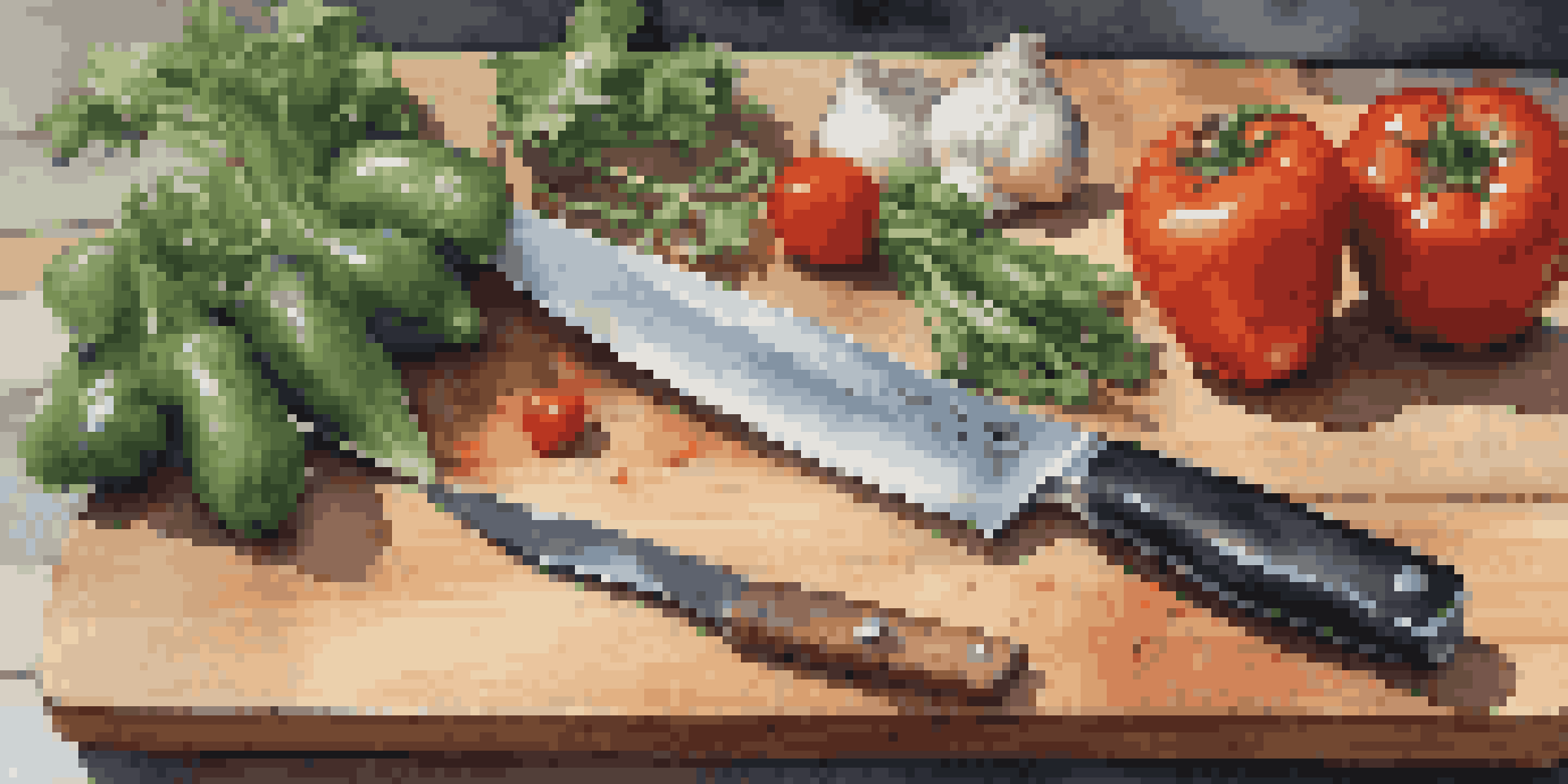 A high-quality kitchen knife on a wooden cutting board with fresh vegetables and herbs around it, illuminated by soft natural light.
