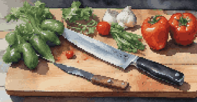A high-quality kitchen knife on a wooden cutting board with fresh vegetables and herbs around it, illuminated by soft natural light.