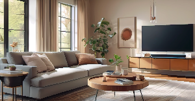 A cozy living room with a smart home hub on a coffee table, showcasing natural light and various smart devices.