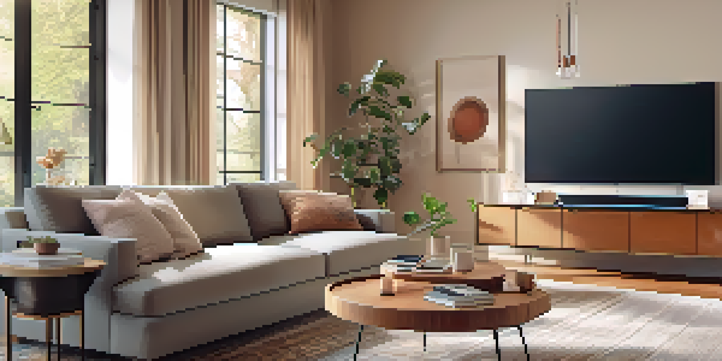A cozy living room with a smart home hub on a coffee table, showcasing natural light and various smart devices.