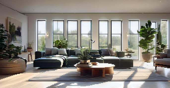 A bright open-concept living area with a modern design, including a comfortable sofa and dining area, filled with natural light from large windows.