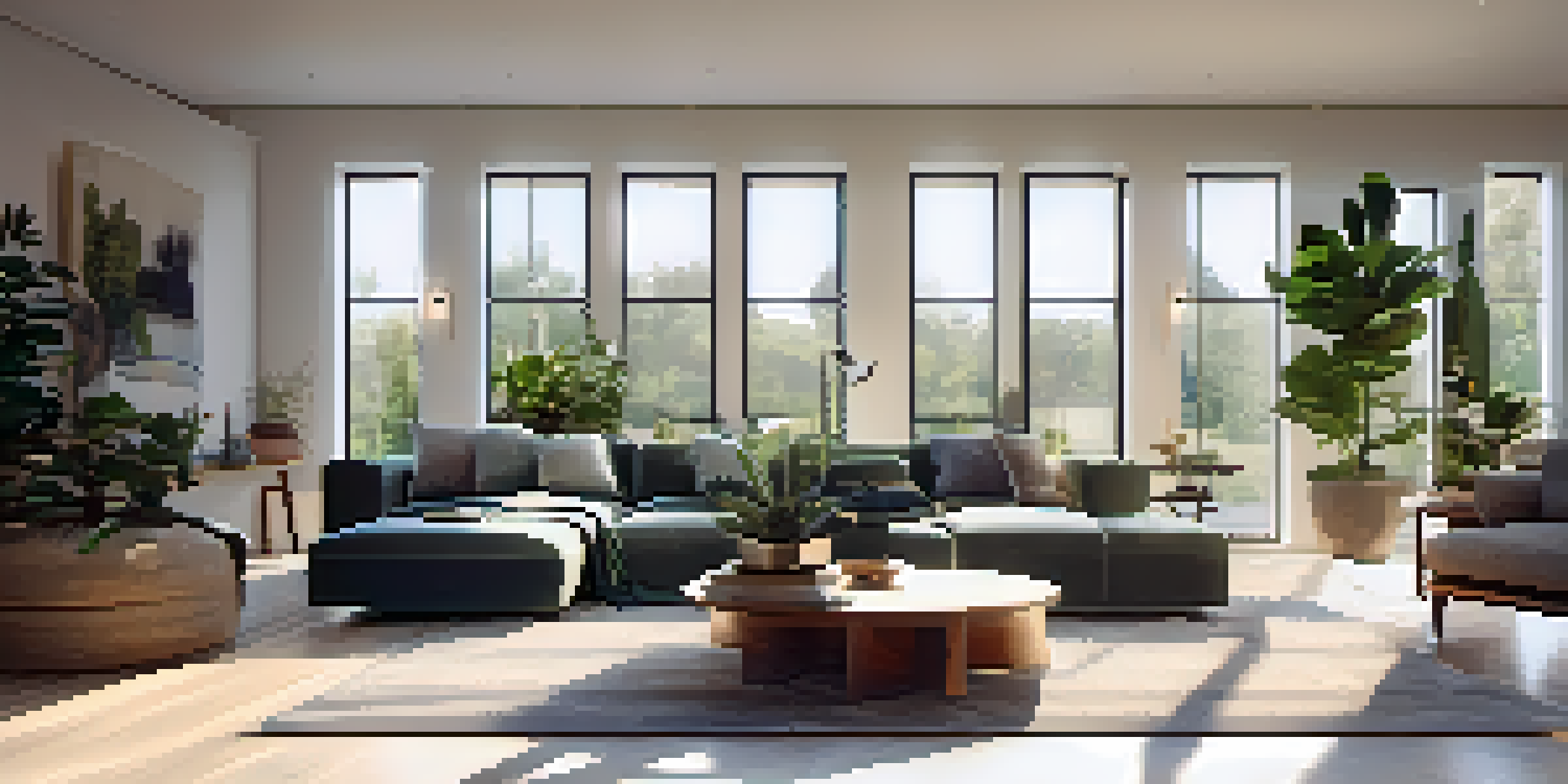 A bright open-concept living area with a modern design, including a comfortable sofa and dining area, filled with natural light from large windows.