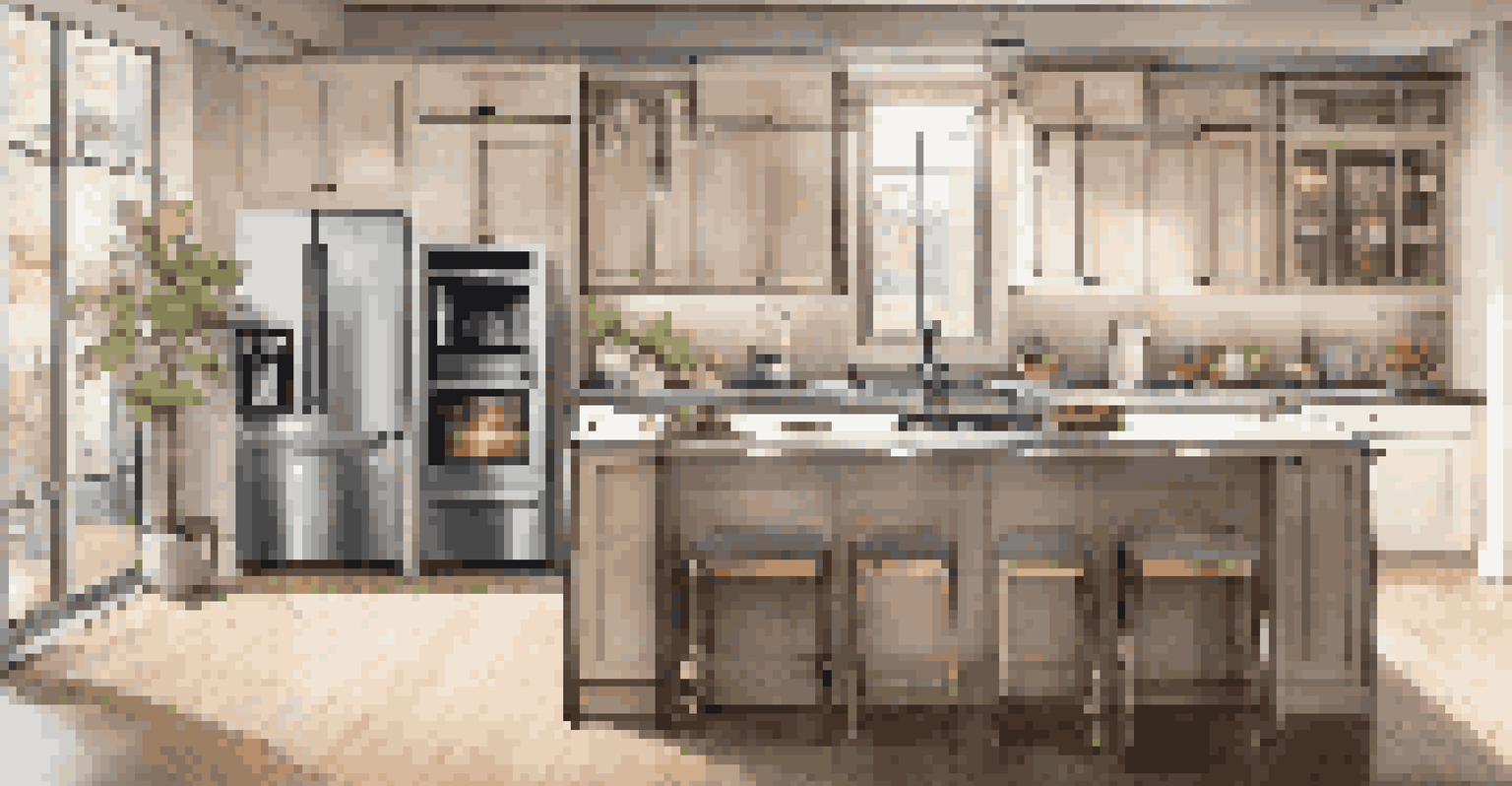 A stylish kitchen showcasing smart appliances and a smart plug, with warm lighting enhancing the modern design.