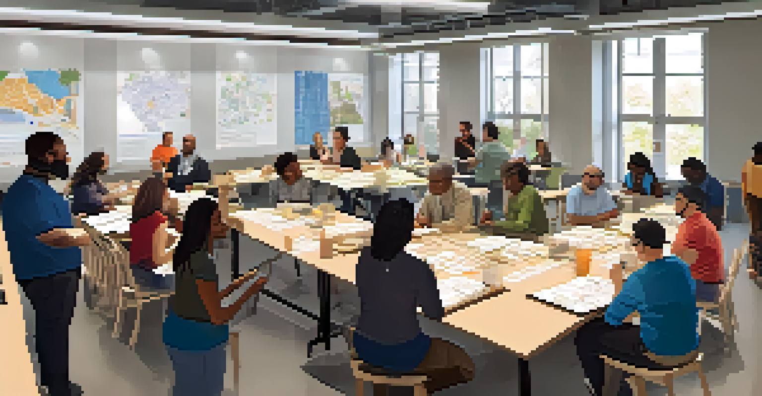 A community design workshop scene with diverse participants working together with planners on urban design projects, surrounded by blueprints and posters.