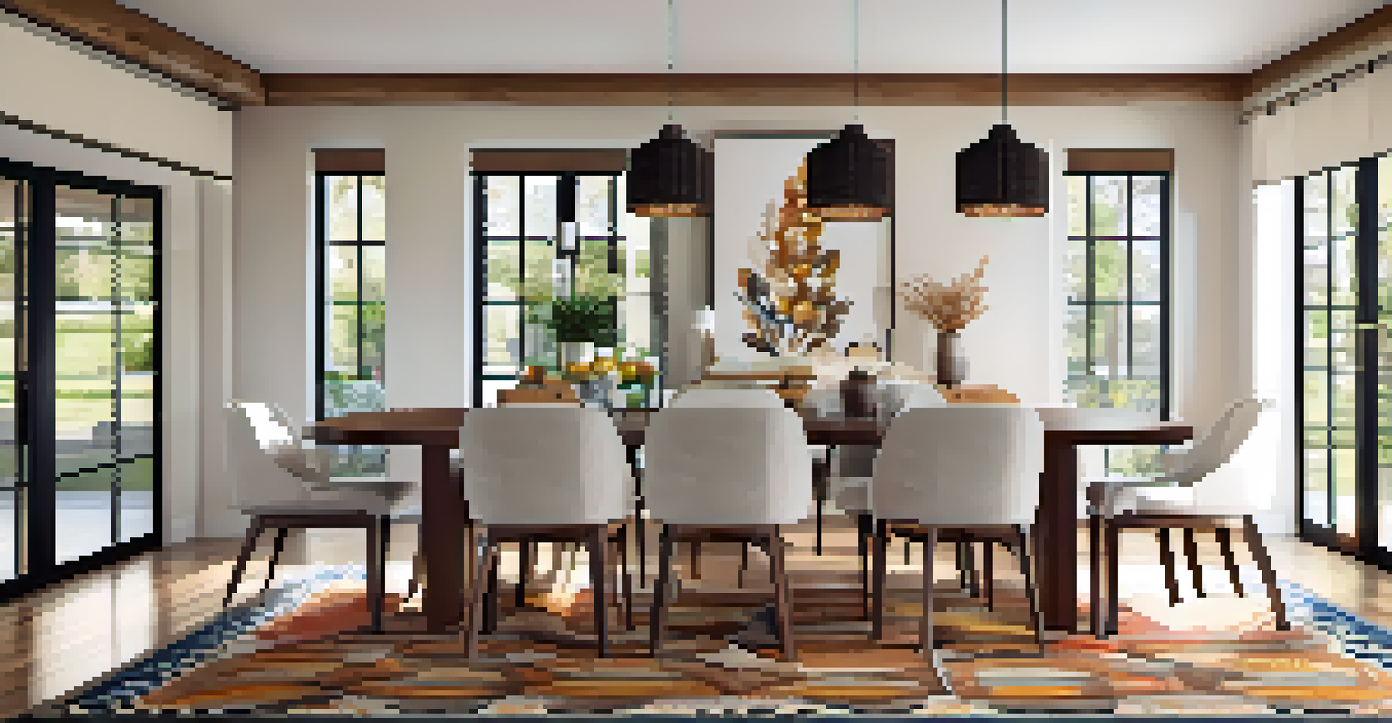 A stylish dining area featuring a wooden table, upholstered chairs, and a patterned rug, illuminated by a woven pendant lamp.