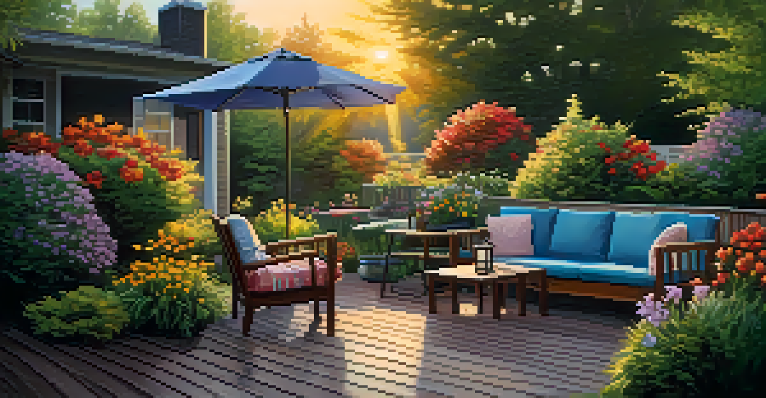 A serene backyard with a garden, seating area, and warm sunlight creating a cozy atmosphere.