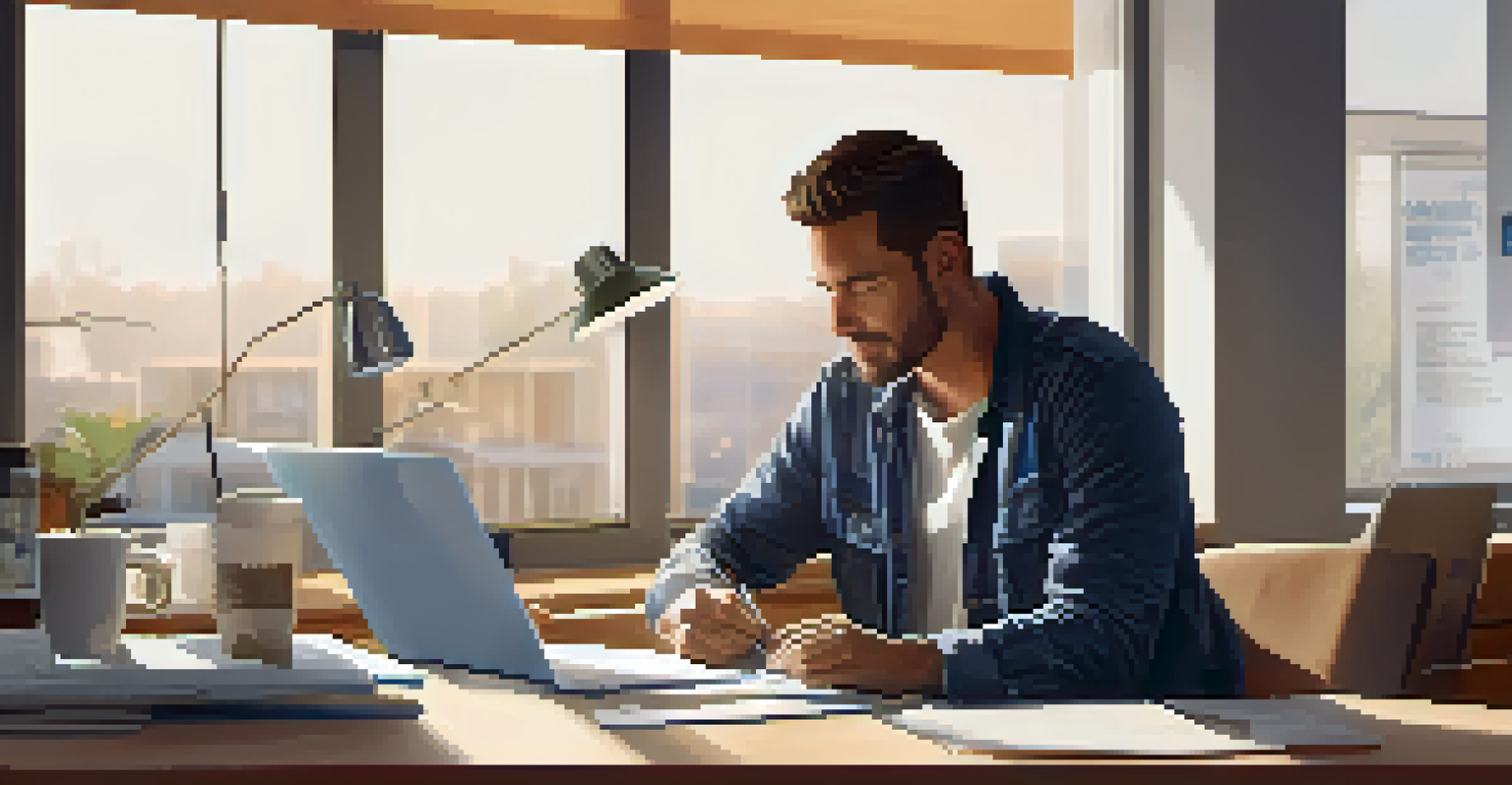 A contractor writing an email on a laptop in a well-lit office setting, surrounded by project plans.