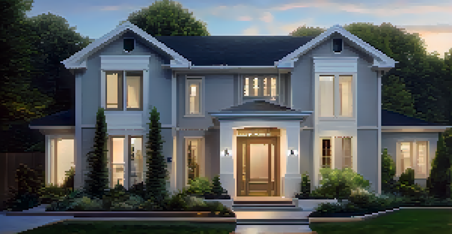 An exterior view of a modern house with smart security features visible, set in a beautifully landscaped yard at dusk.