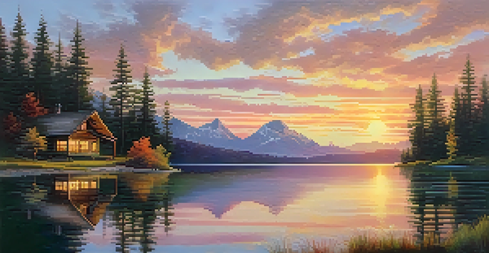 A beautiful sunrise over mountains with a calm lake reflecting the colors and a cozy cabin in the foreground.