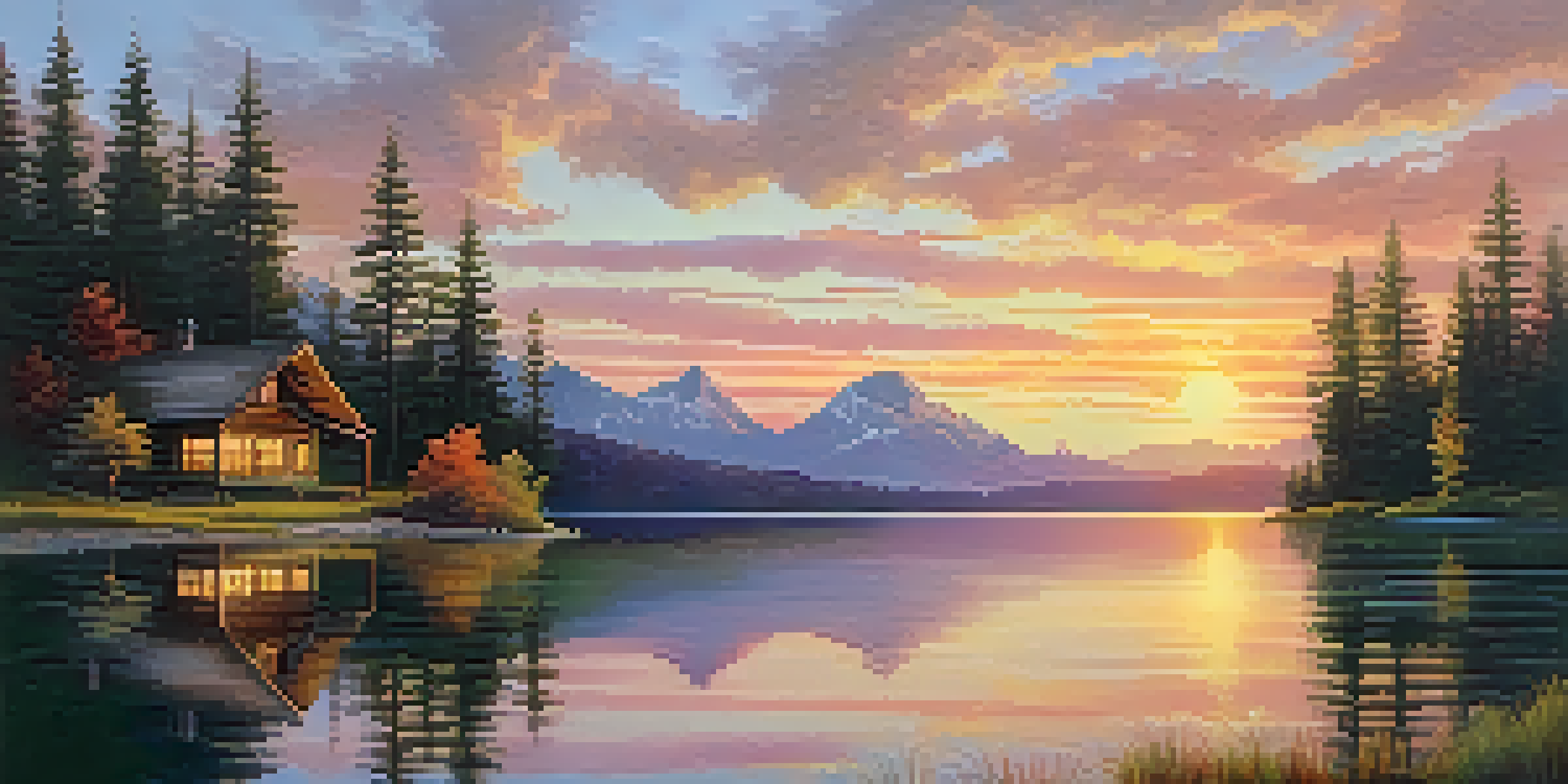 A beautiful sunrise over mountains with a calm lake reflecting the colors and a cozy cabin in the foreground.
