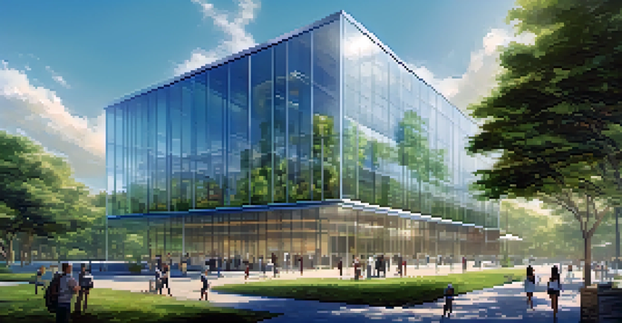 A modern office building surrounded by greenery, with people discussing investment strategies using a tablet.
