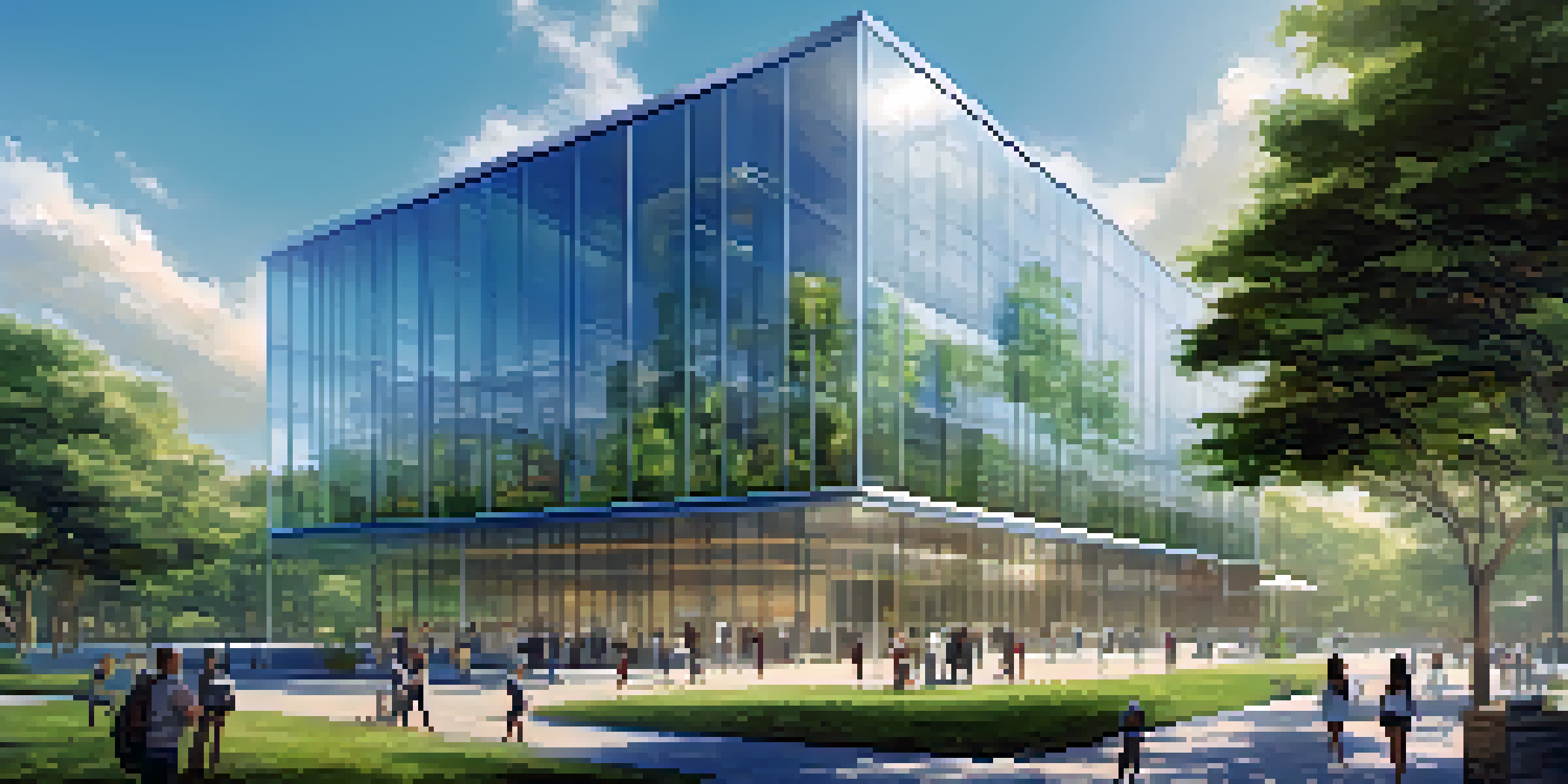 A modern office building surrounded by greenery, with people discussing investment strategies using a tablet.