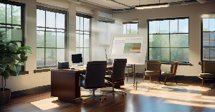 A bright and organized office space featuring a wooden table with a negotiation timeline document, laptop, and coffee cup, illuminated by sunlight.
