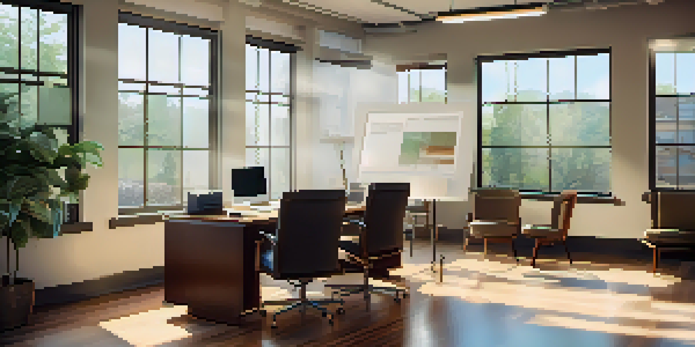 A bright and organized office space featuring a wooden table with a negotiation timeline document, laptop, and coffee cup, illuminated by sunlight.