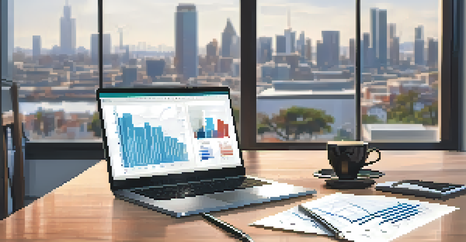 A workspace with a laptop showing rental market graphs, a notepad, and a city skyline view.